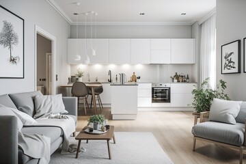 cozy and spacious open-plan living room with a modern kitchen. Generative AI