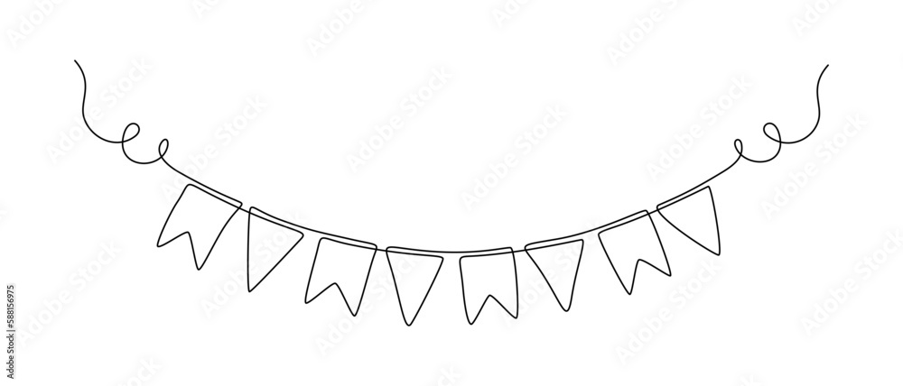 Poster garland bunting with flags in one continuous line drawing. birthday and jubilee party decoration in 