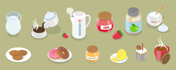 3D Isometric Flat Vector Set of Tea Party Accessories, Cookies and Desserts
