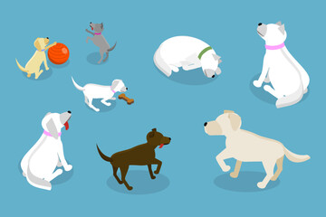 3D Isometric Flat Vector Set of Funny Pappies andd Dogs, Different Poses and Activities