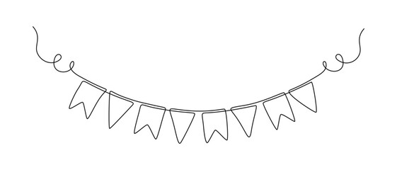 Garland bunting with flags in one continuous line drawing. Birthday and jubilee party decoration in simple linear style. Festoon for celebrate carnival and festivals. Editable stroke. Contour vector - obrazy, fototapety, plakaty