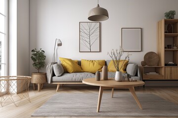 cozy living room with plants, a comfortable sofa and a coffee table. Generative AI