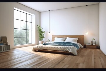 cozy bedroom with a comfortable bed and a view from the window. Generative AI