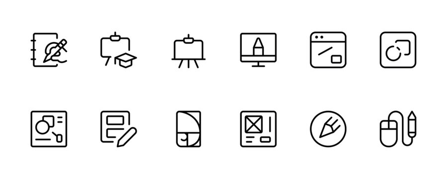 Graphic Design related icon set. Design process Creativity Related Vector Line Icons. Editable Stroke. Flat vector icon for apps, ui and websites.