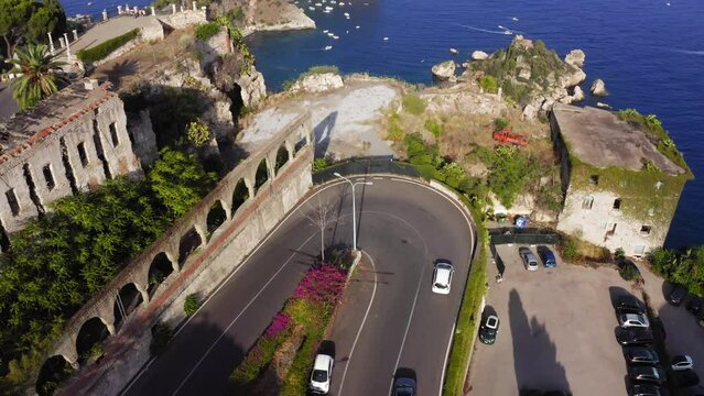 Drone view of Isola Bella near Taormina, Catania, Sicily Island, Italy.