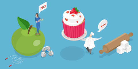 3D Isometric Flat Vector Conceptual Illustration of Healthy Diet, Refusing Unhealthy Food, Dieting and Healthy Lifestyle