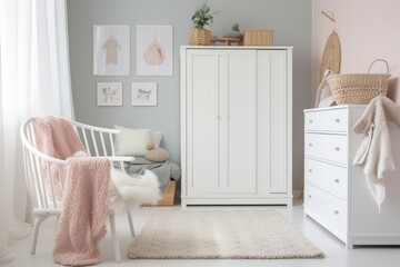baby's room with white furniture and pink accents. Generative AI