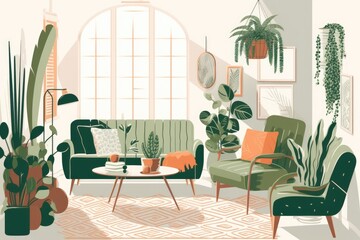 lush green living room filled with a variety of plants. Generative AI