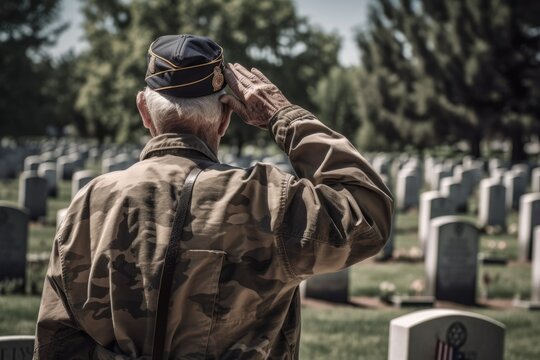 American Senior War Veteran saluting his fallen comrades graves at a cemetery.Generative AI