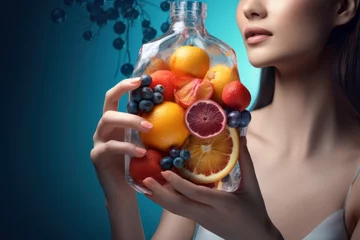 Fotobehang Beautiful woman keep sliced fruit in Luxury parfume bottle. Girl holding glass parfume bottle, orange forest background. Fruits Serum. iv serum bag. Generative AI © ayselucar