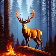 illustration painting of the deer with its fire horns standing on rocks in forest fire - Generative AI