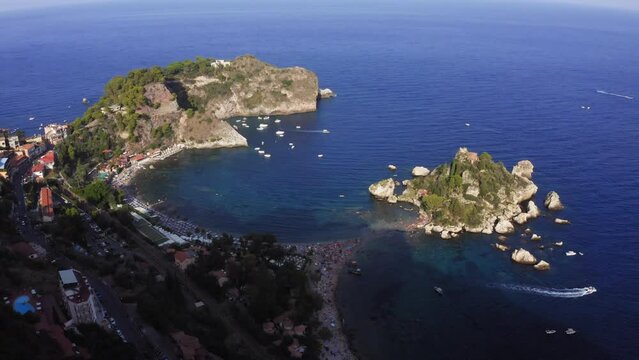 Drone view of Isola Bella near Taormina, Catania, Sicily Island, Italy.