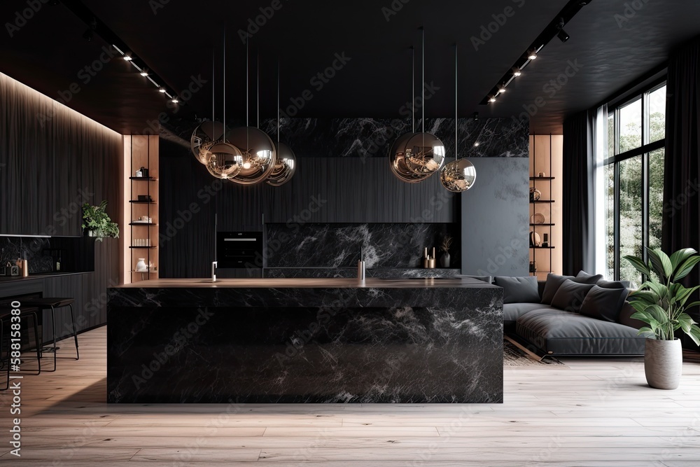 Wall mural contemporary kitchen with a spacious marble island as the centerpiece. Generative AI