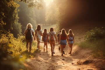 What will nature teach us today. Shot of a group of unrecognisable teenagers walking through nature together at summer camp, created with ai