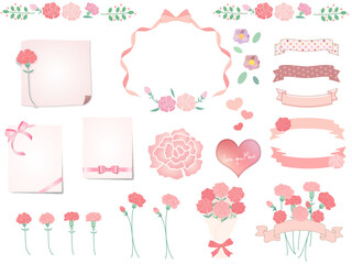 母の日のイラストセット（カーネーション　フレーム　ビンテージ　花束　見出し　タイトル　プレゼント　ボタニカル　リボン）
