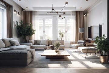 Fototapeta premium cozy living room with natural lighting and comfortable furniture. Generative AI