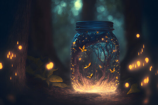 Closeup of a jar with fireflies at night.