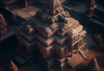 An aerial view of a hindu temple in 1500s,  cinematic lighting, film