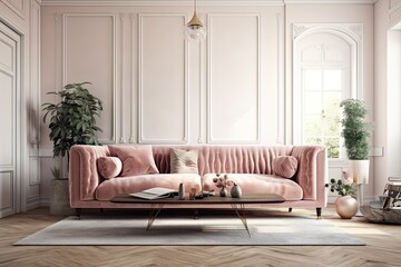 cozy living room with a stylish pink couch and a chic coffee table. Generative AI