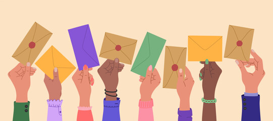 Human hands holding envelopes. Sharing massages, send and receive information. Communication concept. Hand drawn vector vector illustration isolated on light background, flat cartoon style.