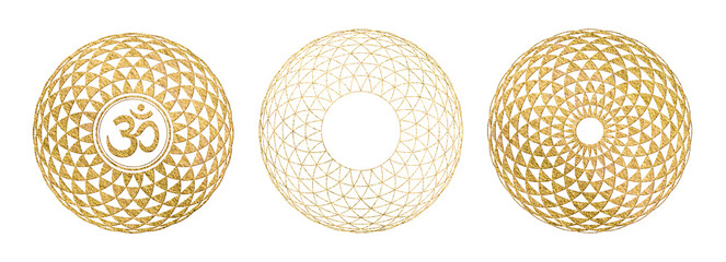 golden torus yantra or lotus flower in three variations, with and without aum / om / ohm symbol - isolated yoga, meditation, or sacred geometry design element with gold texture
