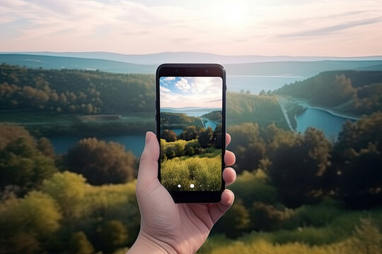 phone capturing nature landscapes. AI generative image.