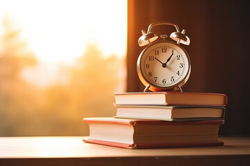 alarm clock on a stack of books, bokeh blurred background with copyspace. AI generative image. 