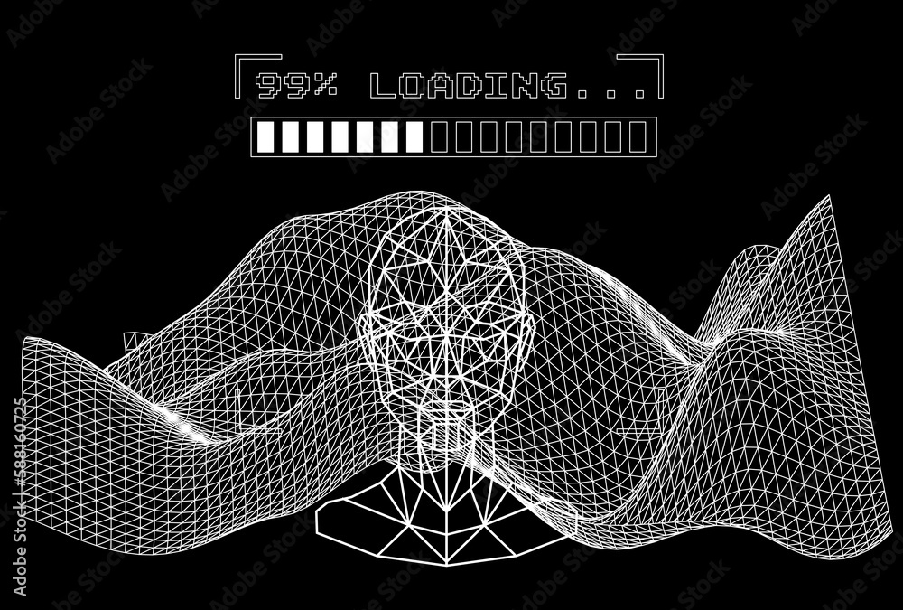 Fototapete sci-fi vaporwave 3d landscape made of a polygonal distorted grid. synthwave hi-tech style background