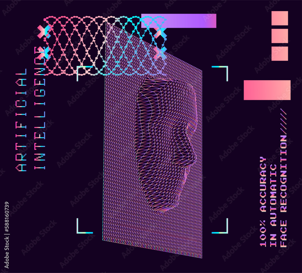 Poster 3d polygonal face made of mesh on a dark background. concept of biometric systems.