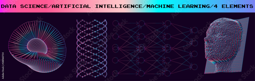 Poster set of 3d vector low poly elements for a ai and facial recognition subjects.