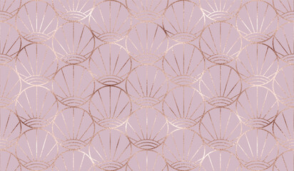 Art deco seamless pattern background design with rose gold circle tiles.