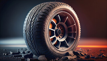 tire at repairing service garage background. Replacing winter and summer tyre for safety road trip.
