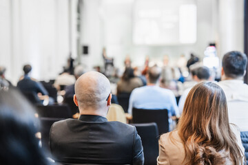Round table discussion at business conference meeting event.. Audience at the conference hall....