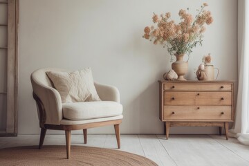 cozy living room featuring a comfortable chair and a beautiful vase of flowers. Generative AI