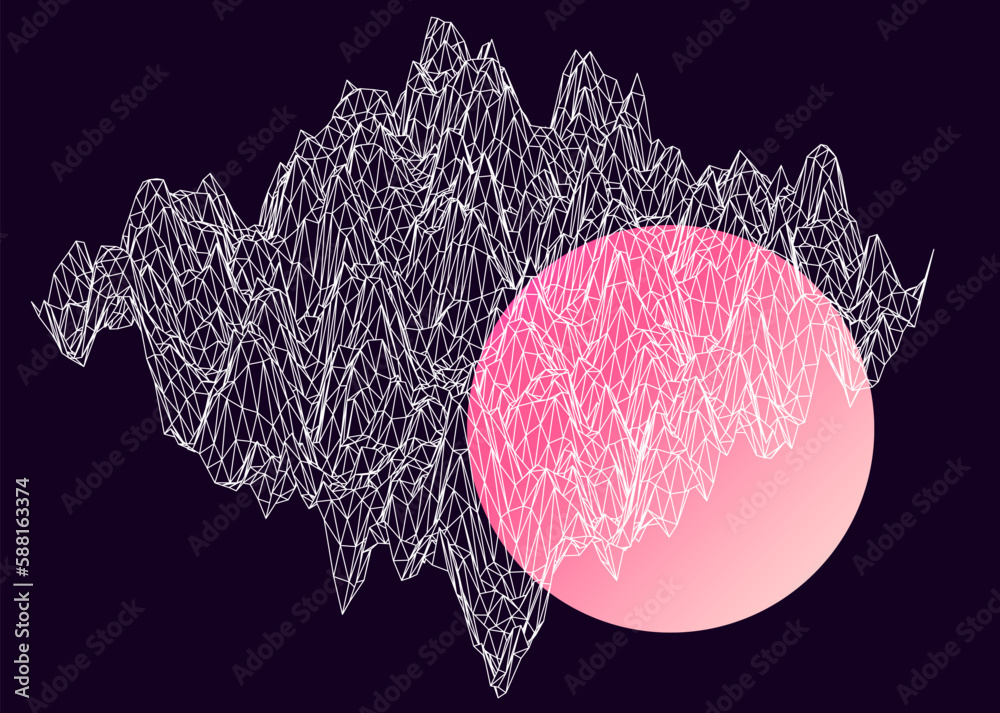 Poster 3D landscape made of a polygonal grid. Sci-fi vaporwave and synthwave style background. 