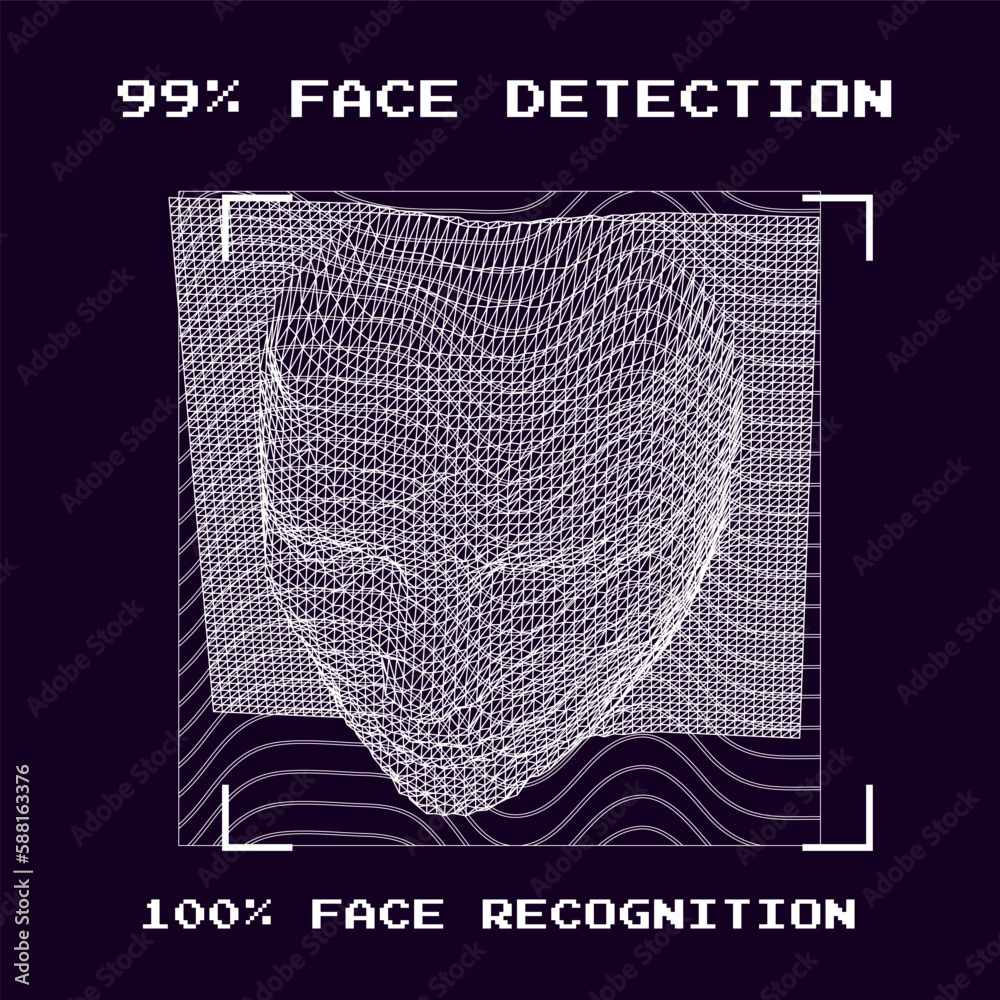 Poster 3D polygonal face made of mesh on a dark background and pixelated text 