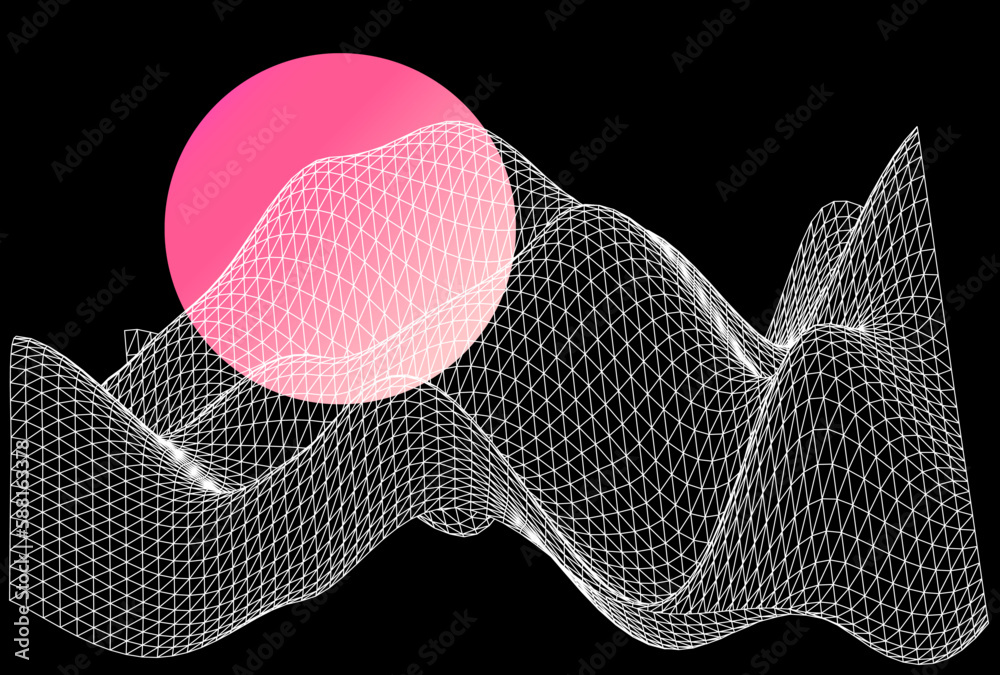 Poster 3D landscape made of a polygonal grid. Sci-fi vaporwave and synthwave style background. 