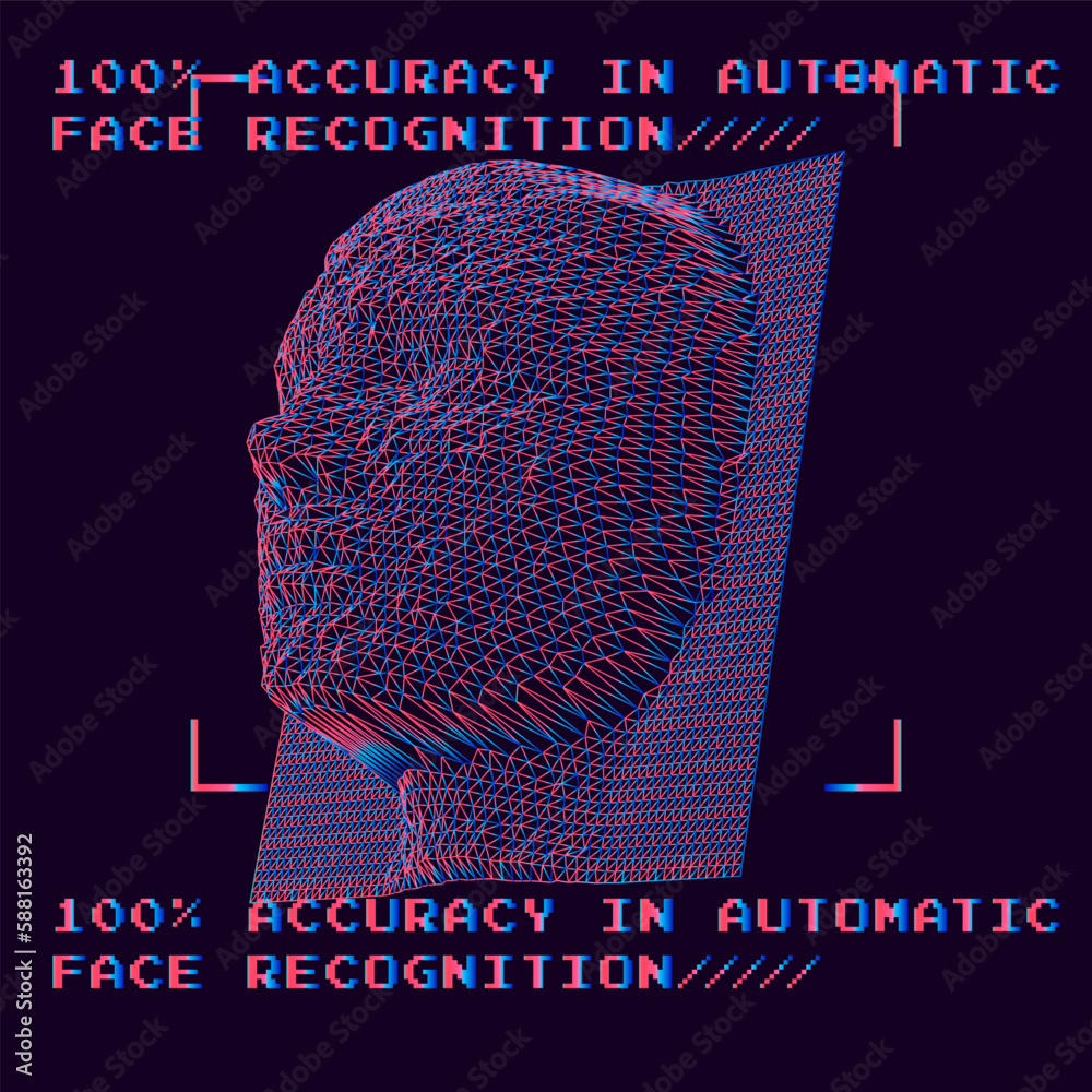 Poster 3d polygonal face made of mesh on a dark background. concept of biometric systems.