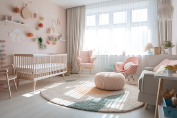 cozy and cute baby nursery with a crib and rocking chair. Generative AI