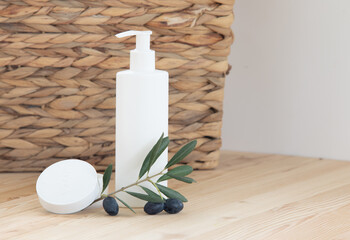 Face care and skin care, health and beauty concept with copy space. Scandinavian kitchen interior. Surface of a wooden table.