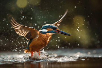 Illustration of a kingfisher hunting fishes 