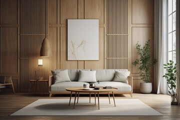cozy living room with wooden paneling and a comfortable white couch. Generative AI