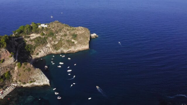 Drone view of Isola Bella near Taormina, Catania, Sicily Island, Italy.