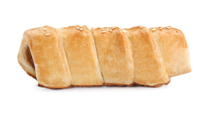 One delicious sausage roll isolated on white