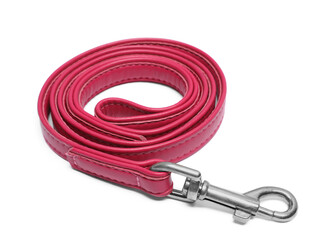 Red leather dog leash isolated on white