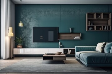 modern living room with comfortable furniture and entertainment system. Generative AI