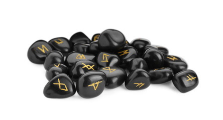 Pile of black rune stones isolated on white