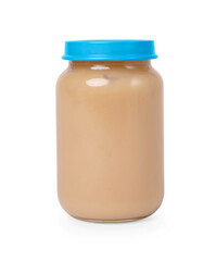 Glass jar with healthy baby food isolated on white