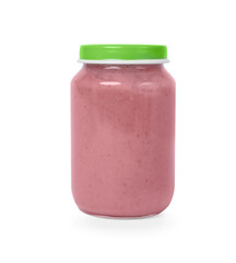 Glass jar with healthy baby food isolated on white