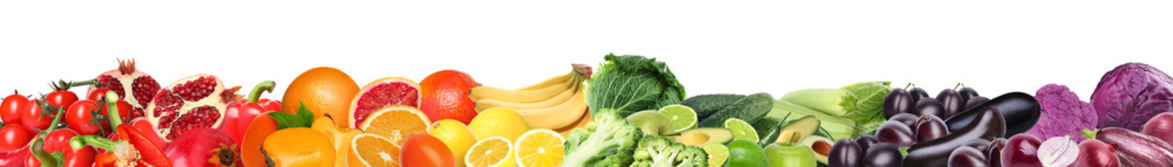 Many different fresh fruits and vegetables on white background. Banner design
